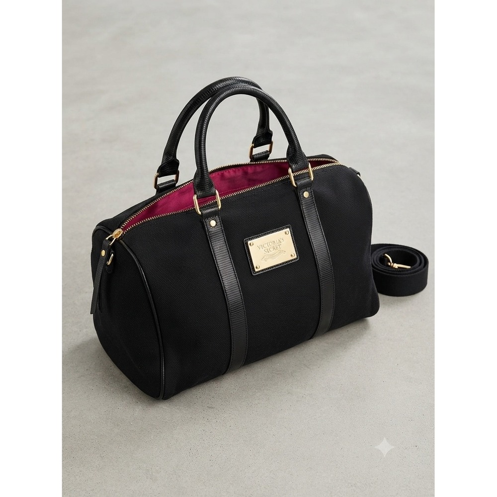 Victorias Secret Black Canvas Duffel Bag Gold Logo Pink Lining Crossbody Satchel